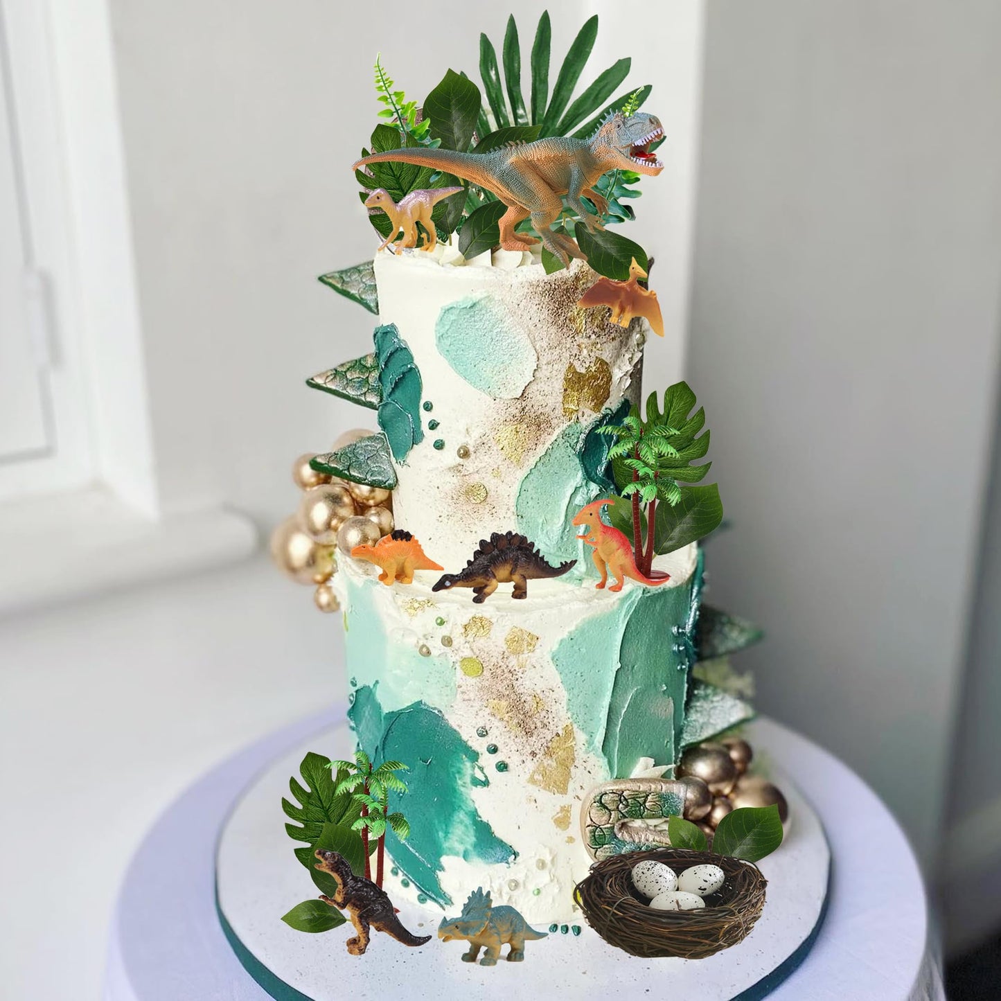 32 PCS Dinosaur Cake Toppers Dinosaur Birthday Cake Decorations with Dinosaur Eggs Leaves for Dinosaur Themed Birthday Party Cake Decorations (Style