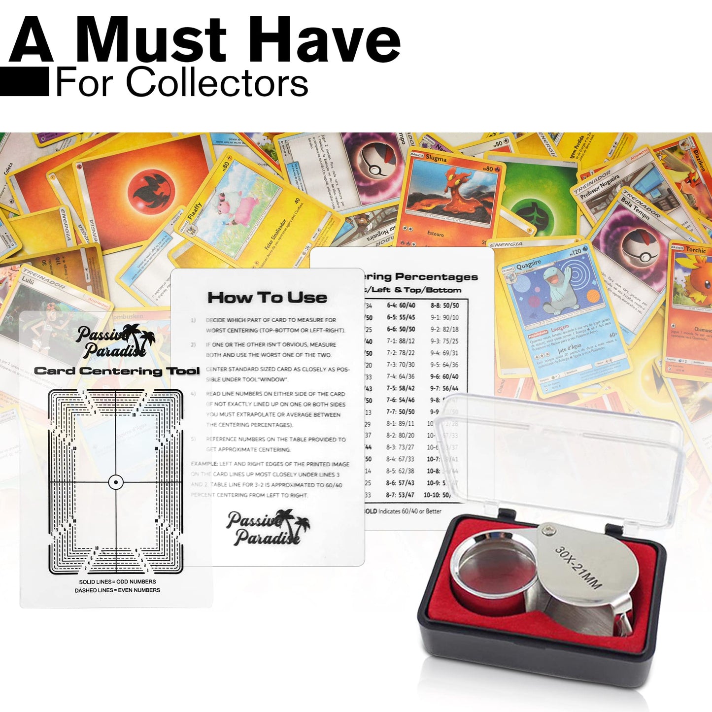 Passive Paradise Card Grading Centering Tool Set for Pokemon - Magnifying Tool & Cleaning Cloth Included - Trading Card Submission Pre-Inspection Kit