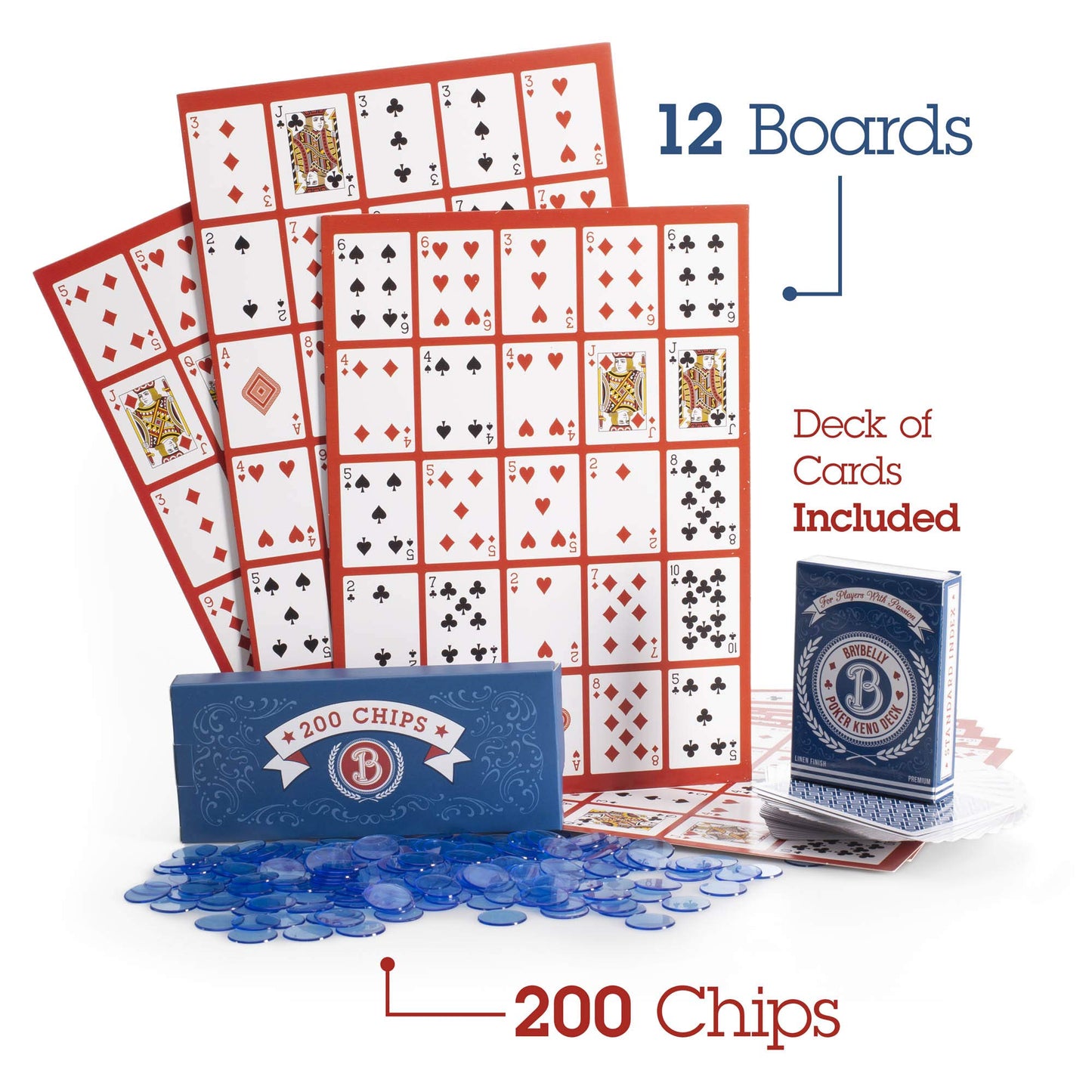Brybelly Poker Keno Game Set with Cards and Chips - Adult Family Casino Board Game Night Gift Includes Deck of Playing Cards, 12 Boards, 200 Bingo