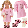 4pc Pink Nightgown Doll Outfit w Teddy Bear- 18" Doll Clothes & Accessories Compatible w American Girl Dolls- PJ Set Includes Nightgown, Slippers &