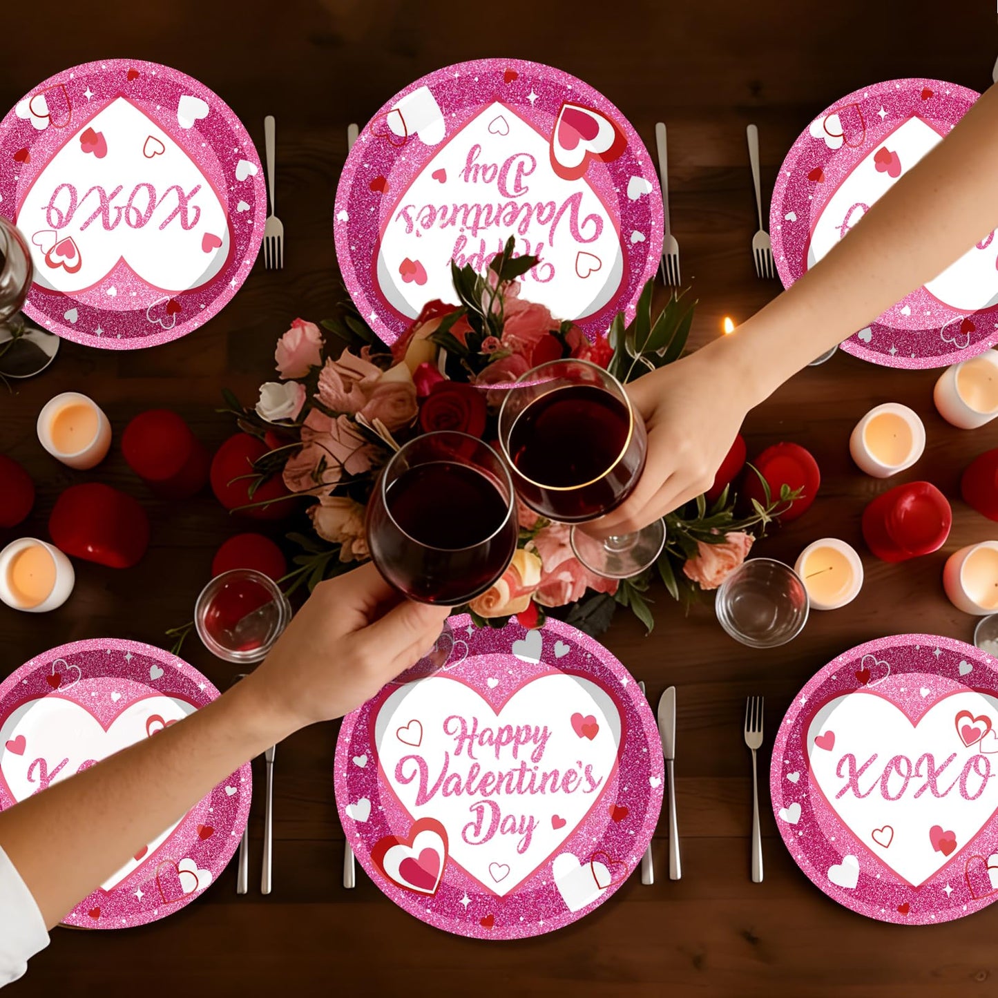 96Pcs Valentine's Day Paltes and Napkins Pink XOXO Plates and Napkins for Romantic Valentine's Day Party Decorations, Serves 24