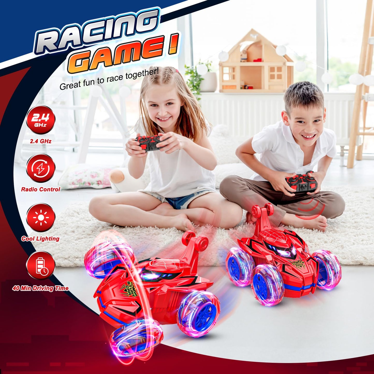Quapify Remote Control Car, Boys Toys Age 4-6 6-8 8-12 360° Rotating 2.4GHz Fast Stunt RC Cars with Cool Lights Music 4WD Off Road RC Crawlers