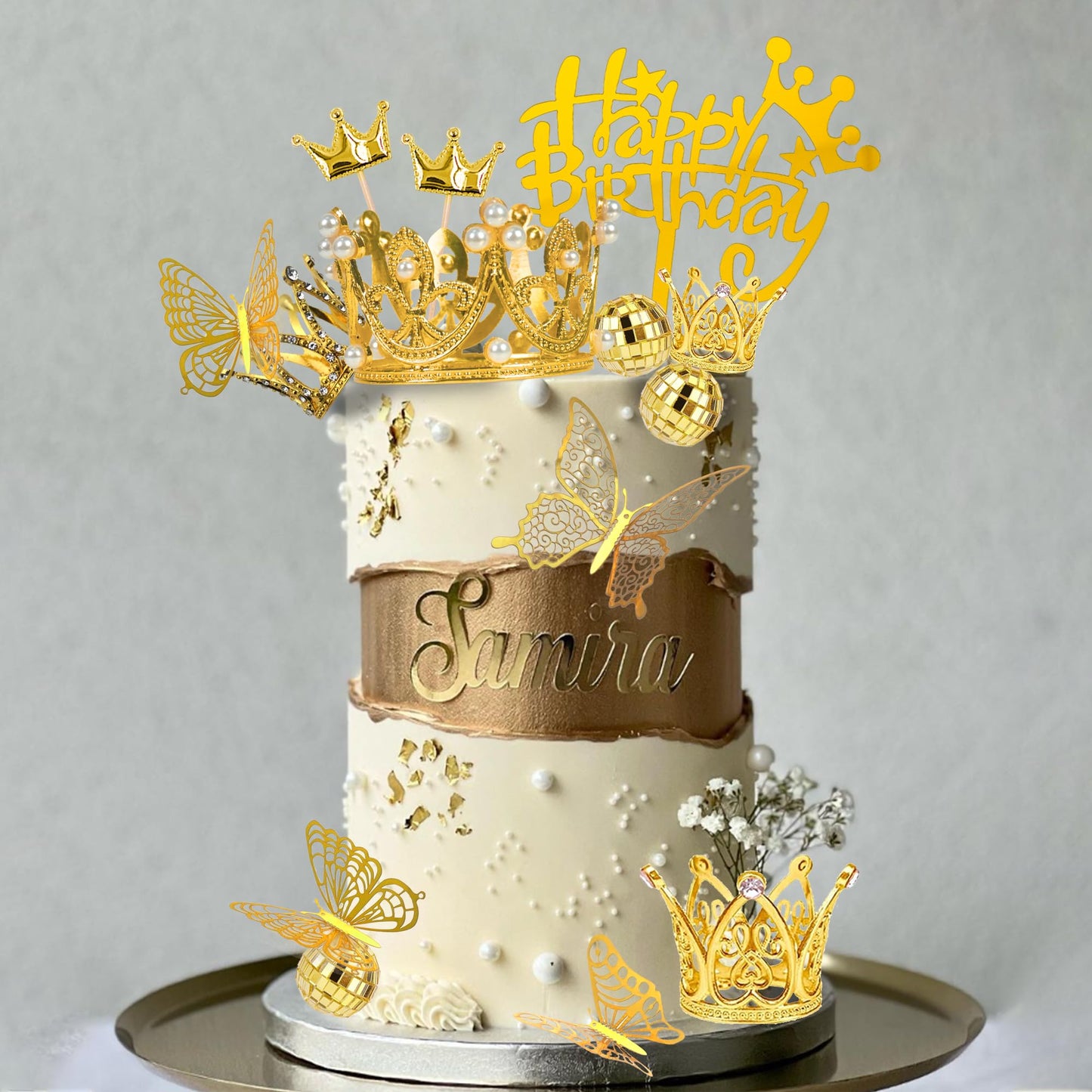 37 PCS Crown Cake Topper Mini Gold Crown Butterfly Disco Ball Decorations for Women Wedding Birthday Supplies (Gold)
