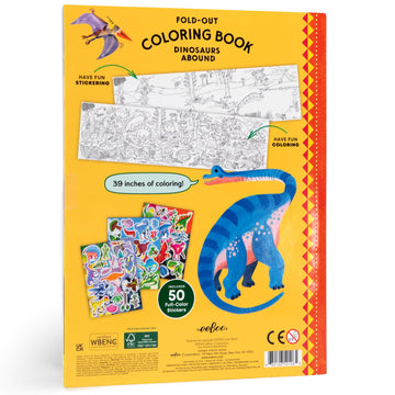 eeBoo: Dinosaurs Abound Fold-Out Coloring Book - 39" of Coloring Space, 50 Stickers, Screen-Free Activity for Kids Ages 3 and up