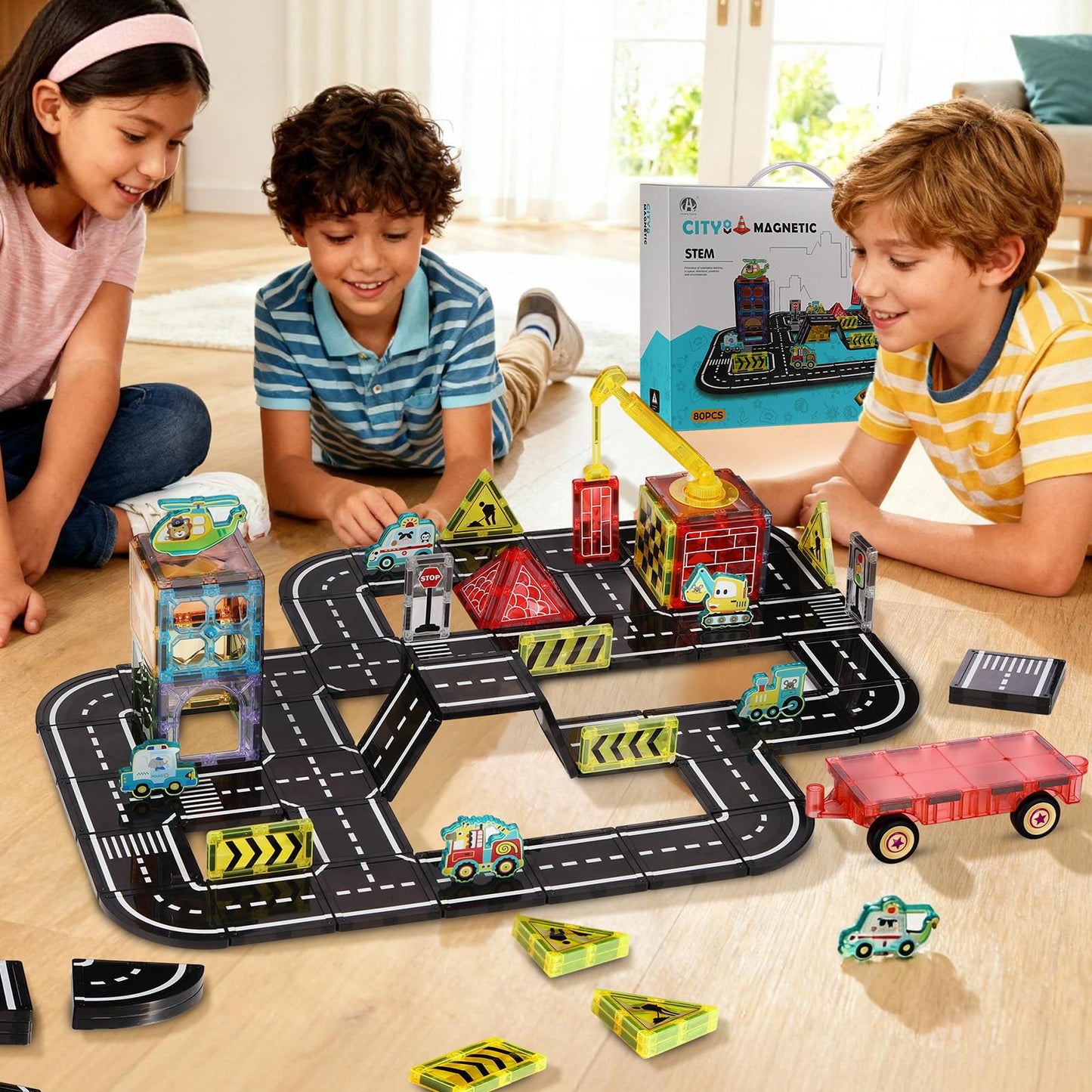 KEPLYKT 80PCS Magnetic Tiles Road Set,2.95" Large Magnetic Tiles with Magnet Car Building Blocks STEM Construction Toys Educational Gifts for Kids