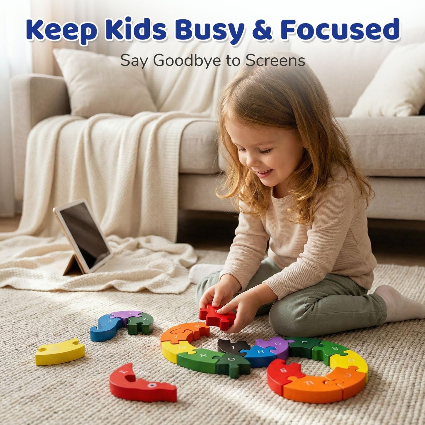 LovesTown Wooden Puzzles for Kids, Double Sided Snake Jigsaw with Alphabet & Numbers, Montessori Educational Toy for Toddlers, Chunky Animal Gift
