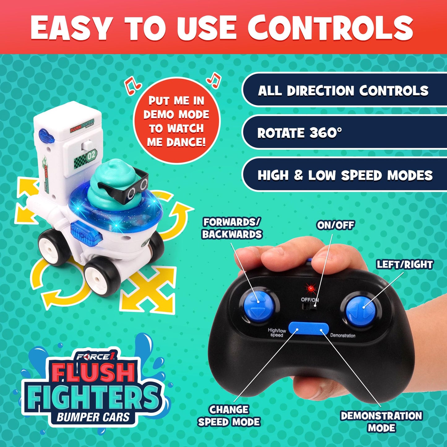 Force1 Flush Fighters Bumper Cars 2pk Mini Remote Control Cars for Kids - Fighting Toilet RC Car with LED Lights, Ejecting Figures, Sound Effects, 2