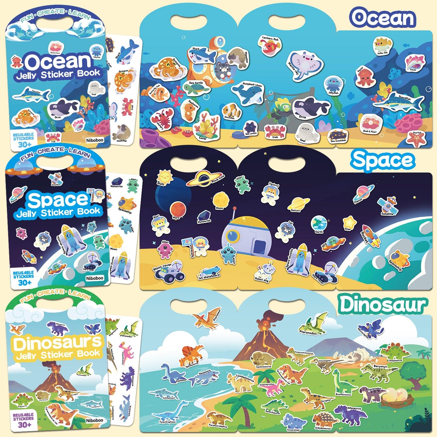 Niboboo 6 Pack Jelly Sticker Books for Toddlers, Reusable Sticker Books for Kids 3-6, Travel Toys for Ages 3+ Kids, Holiday Gifts for Boys and Girls