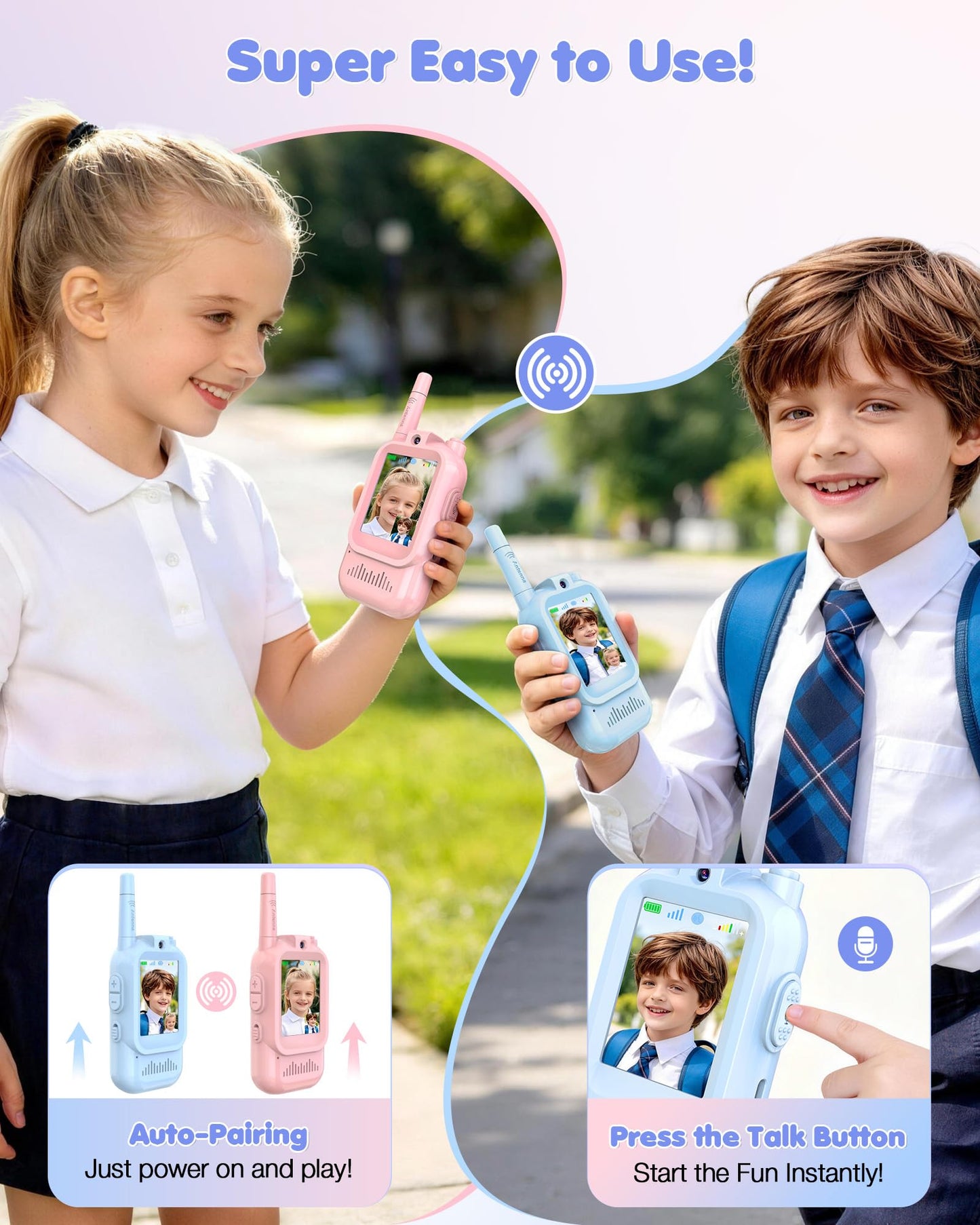 Video Walkie Talkies for Kids 2 Pack, Rechargeable Kids Walkie Talkies with HD Camera & Voice Changer, Long Range Two Way Radios, Outdoor Toys