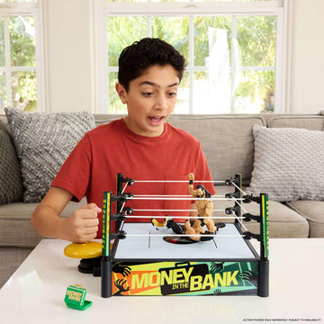 Mattel WWE Money in The Bank Cash-in Ring Playset with 2 Play Modes & 40+ Sounds & Phrases, Includes Launcher Crane, Ladders & Briefcase, 13-Inch x