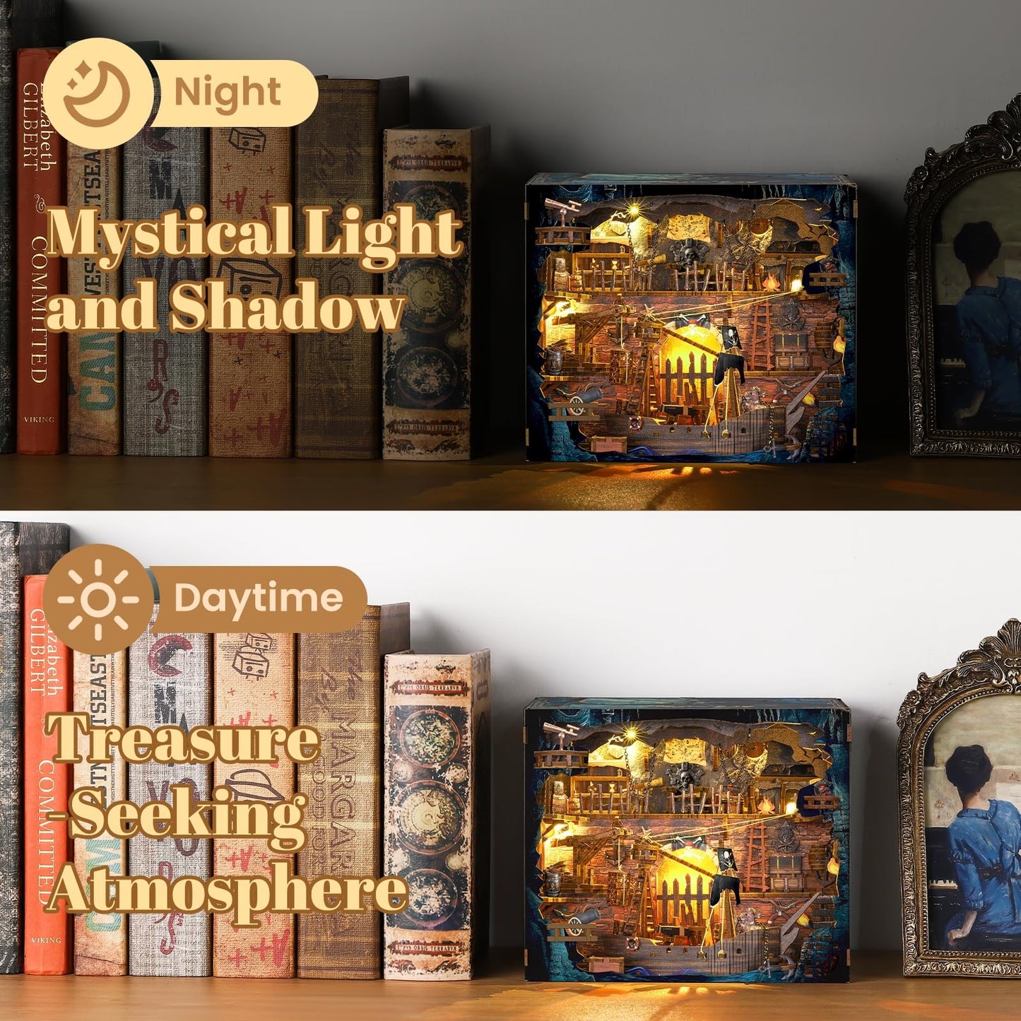 Book Nook Kit - DIY 3D Wooden Puzzle Miniature House with LED Lights - Creative Crafts for Adults - Bookshelf Insert Decor - Educational Gift
