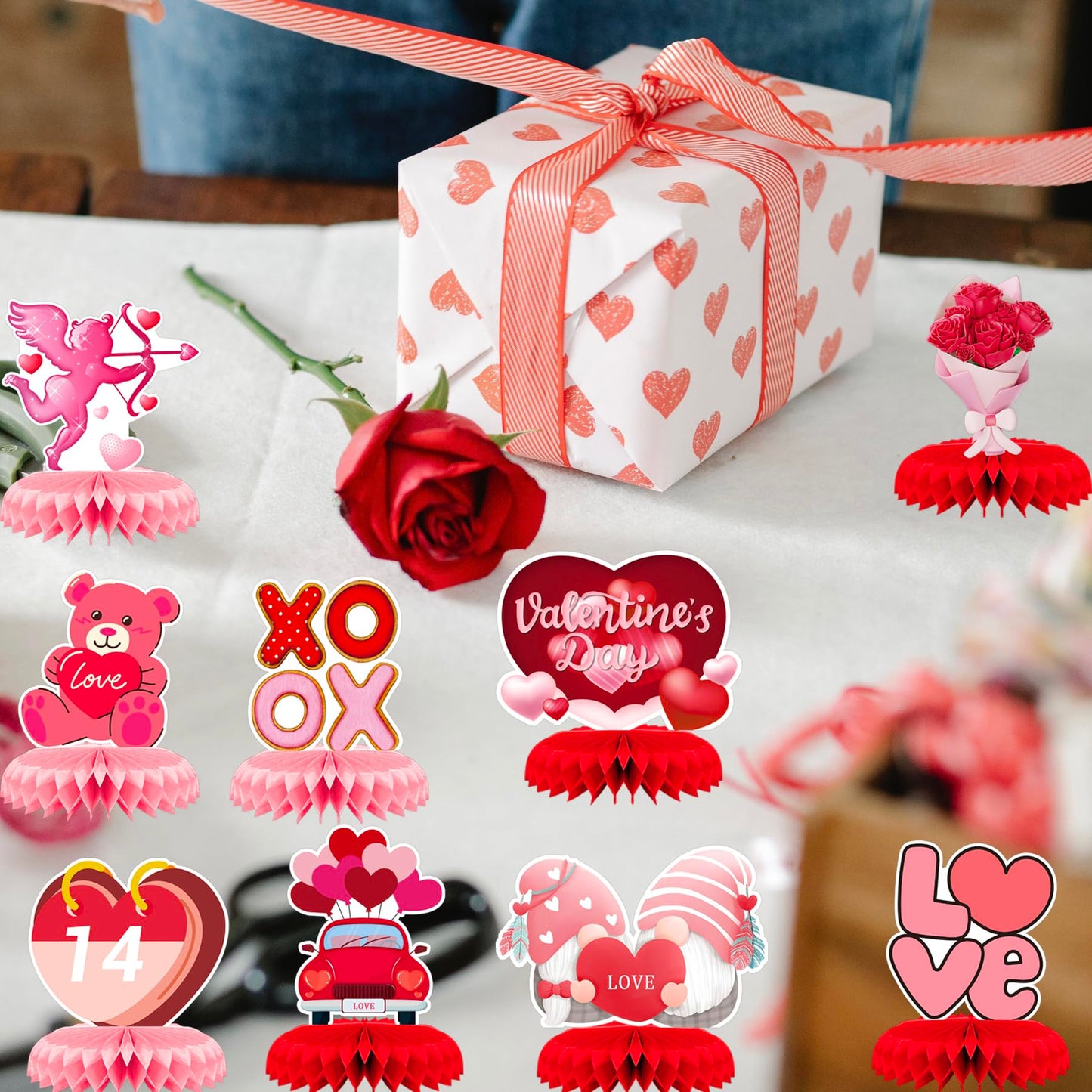 9 Pcs Valentines Day Decorations Honeycomb Centerpiece, Pink Valentines Table Decorations Valentines Table Centerpiece for Valentines Day Party