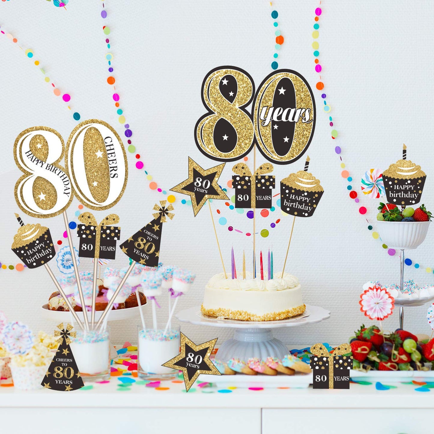 Blulu Birthday Party Decoration Set Golden Birthday Party Centerpiece Sticks Glitter Table Toppers Supplies, 24 Pack (80th)