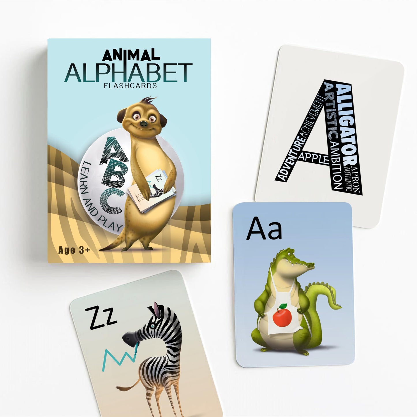 Animal Alphabet Flash Cards for Kids - ABC Learning Cards with Artist-Illustrated Animals, Word Clouds, Hidden Objects, and Positive Words - Large