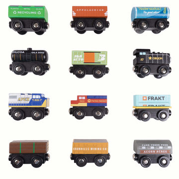Playtime Express Train Set | 12-Piece Wooden Train Box | Includes Unique Custom Designs and Classics: Recycling Transport, Timber Train, Wheat Car