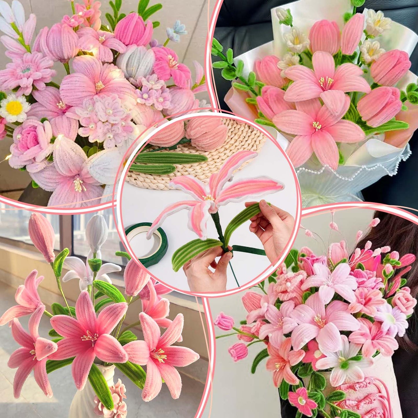 Ranslen Pipe Clearers Craft, 430Pcs Arts and Crafts Chenille Stems Craft Sticks for Projects Creative DIY Room Decor, Pink Art Supplies Flower Making