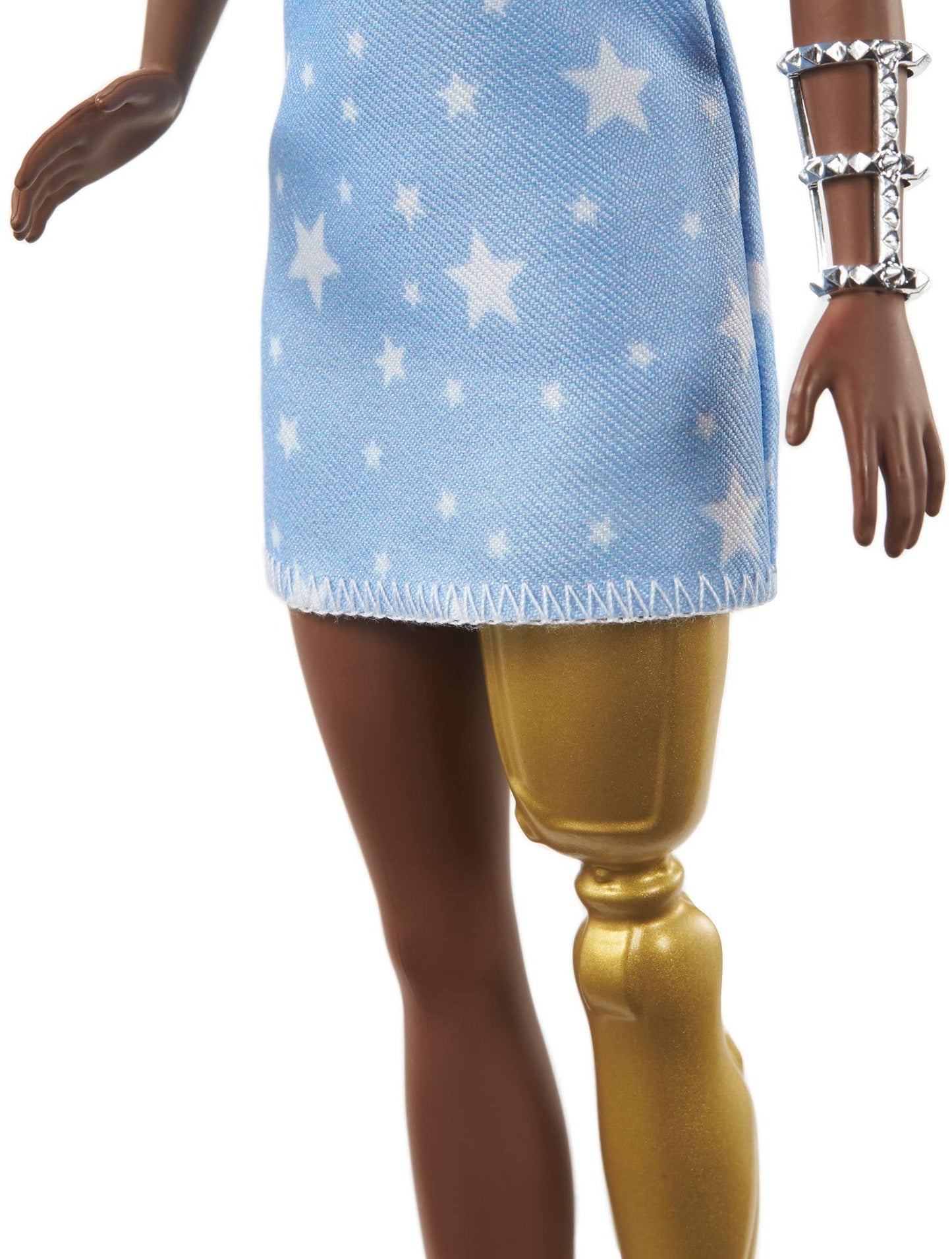 Barbie Fashionistas Doll #146 with 2 Twisted Braids & Prosthetic Leg Wearing Star-Print Dress, White Shoes & Arm Bracelet, Toy for Kids 3 to 8 Years