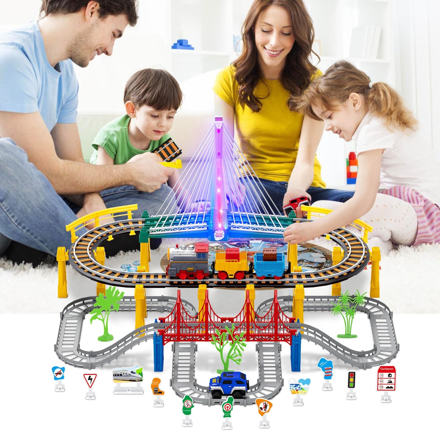 Electric Train Set for Kids Ages 4-8 with Train Tracks Set & Car Tracks Lights Up Bridge Road Sign Realistic Sound Train Track Accessories Playset Boy