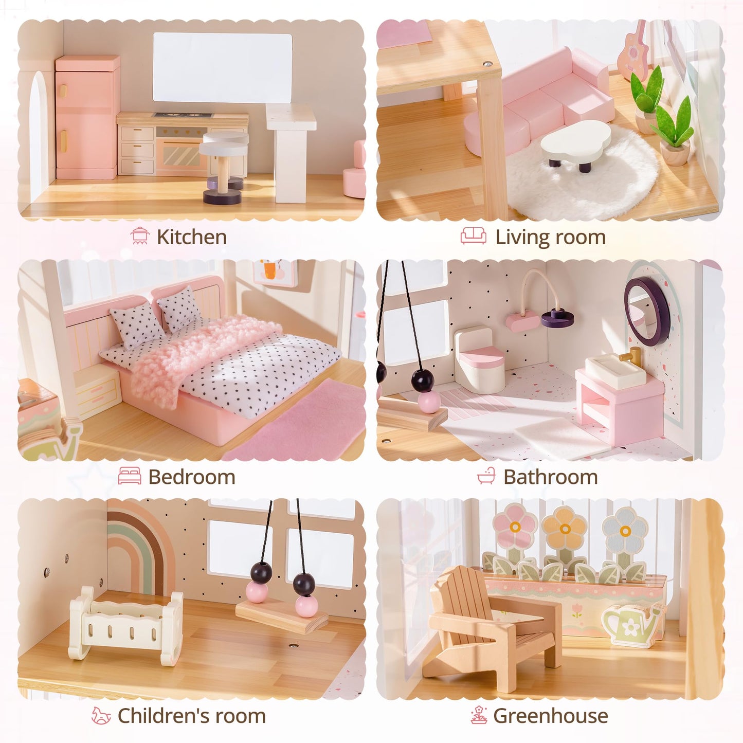ROBOTIME Wooden Doll House, Dollhouse with 6 Open Rooms, 37 Pcs DIY Modular Doll House Furniture Accessories, Pretend Dollhouse Creative Gift for Girl