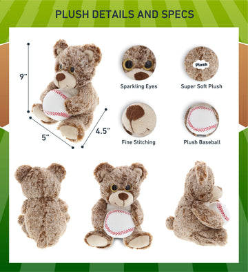 DolliBu Sitting Brown Bear Stuffed Animal with Baseball Plush - Soft Huggable Brown Bear, Adorable Playtime Bear Plush Toy, Cute Wild Life Sports Gift