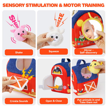 Soft Barn Baby Toys 6-12 Months with Stuffed Farm Animals, Rattle Squeaky Crinkle Sound & Mirror, Montessori Sensory Plush Infant Toy for 6 7 8 9 10