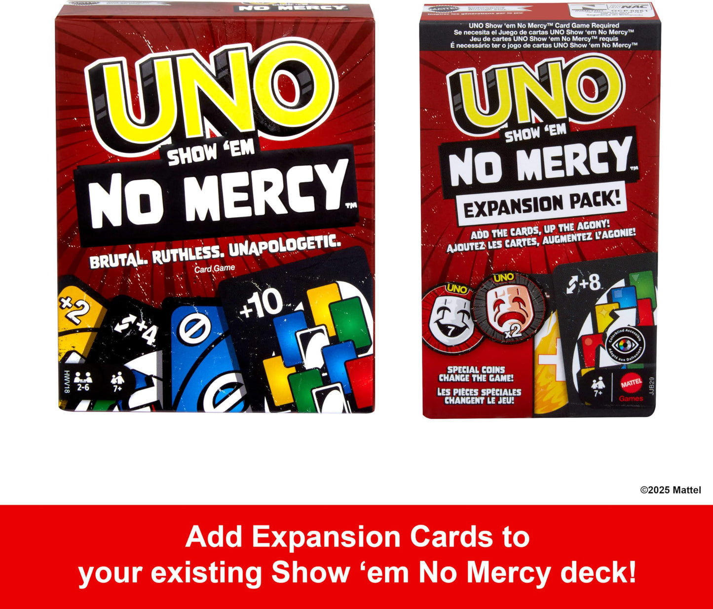 Mattel Games UNO Show ‘em No Mercy Expansion Pack with Extra Cards, Coins, Special Rules & Tougher Penalties for Kid, Adult & Family Nights