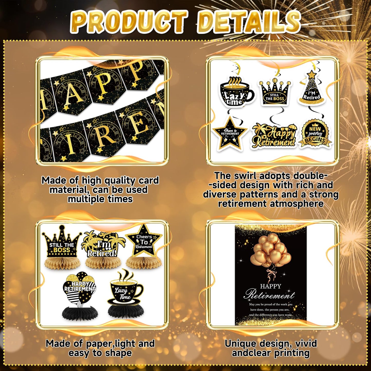 Happy Retirement Party Decorations for Men and Women - Black and Gold Banner, Backdrop Card, Sash, Hanging Swirls, Foil Balloons, Honeycomb