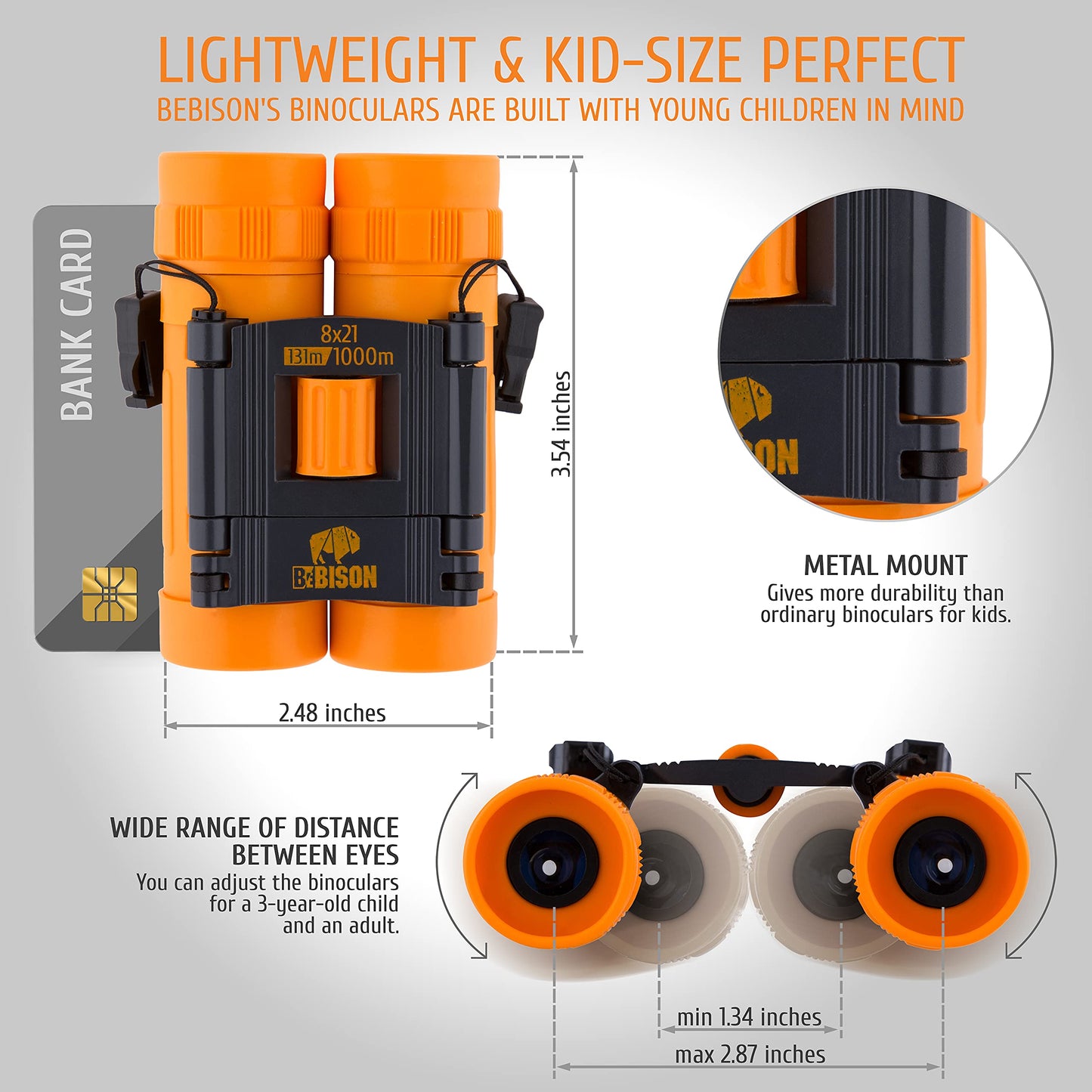 BeBison Binoculars for Kids - 8x21 High Resolution Real Optics - Compact Folding Shockproof Kids Binoculars for Bird Watching - Spy Games - Outdoor