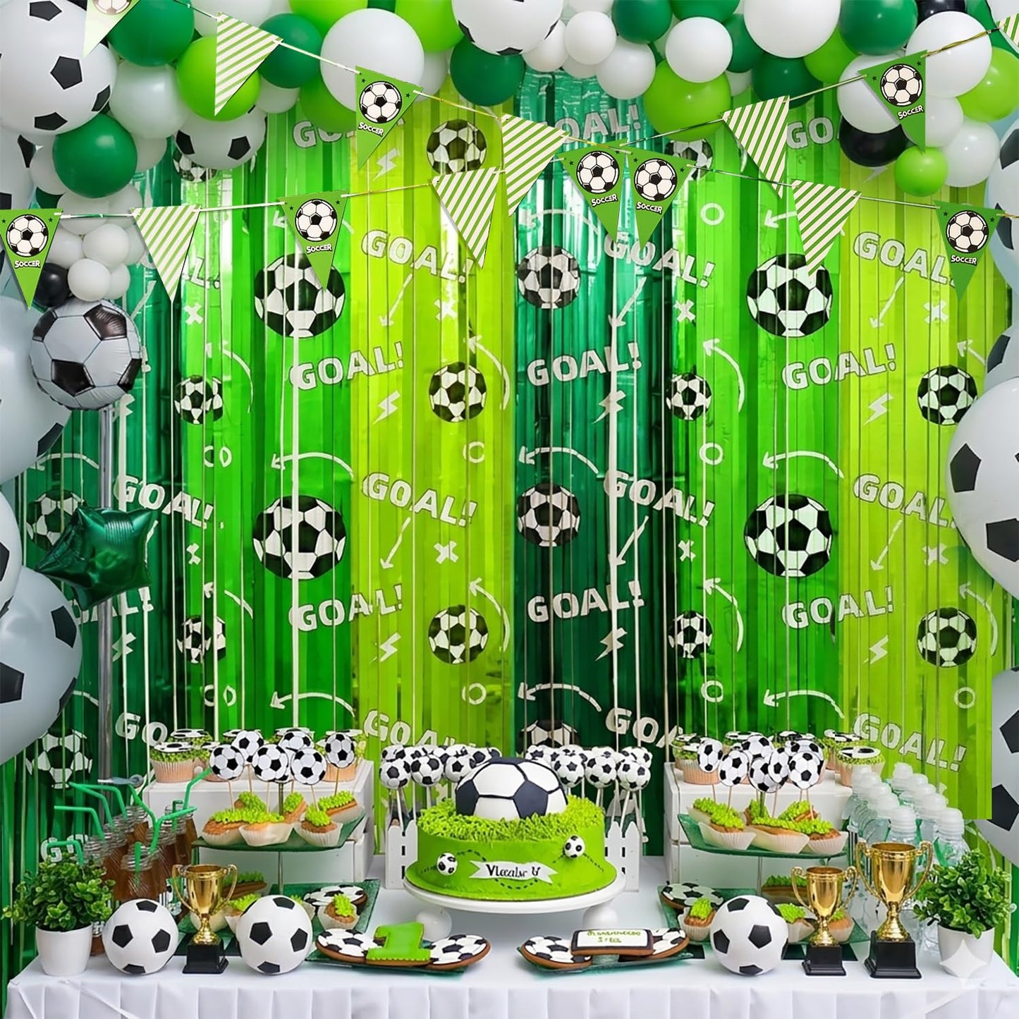 Soccer Party Decorations, 2 Pack Soccer Birthday Party Photo Booth Prop, Green Fringe Curtains Photo Streamers Backdrop for Sport Themed Birthday