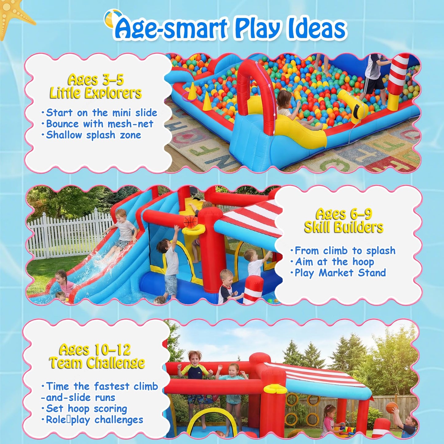 AKEYDIY Water Slide for Kids, 15-in-1 Inflatable Water Bounce House Backyard Snack Stand with Canopy, Waterslide with Long Slide & Large Pool for Kids