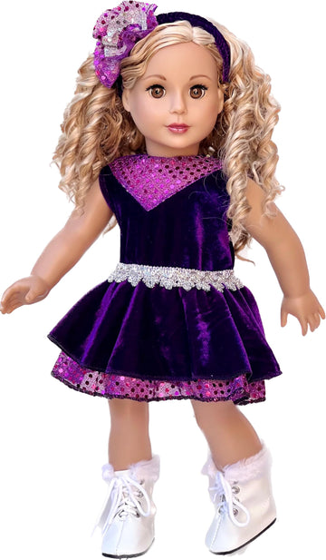 Ice Skating Queen - 3 Piece Ice Skating Outfit for 18 Inch Dolls - Purple Leotard with Ruffle Skirt, Head Band and White Skates - 18 Inch Doll Clothes