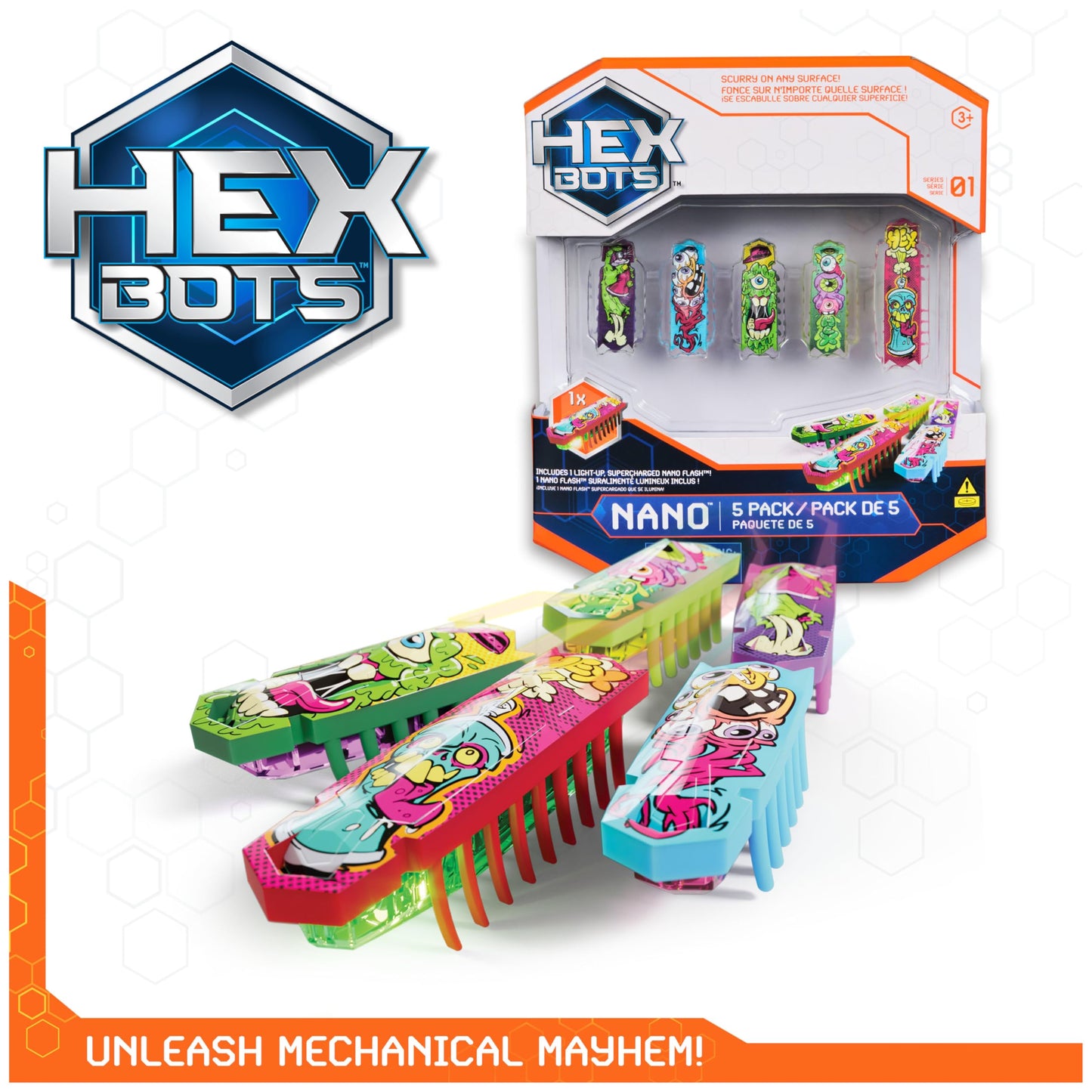 HEX BOTS Nano 5 Pack, 4 Mini Bots with Bonus Flash Bot, Sensory Toy for Kids & Cats, Vibration Technology, Mini Robot Toy for Kids 3 & Up