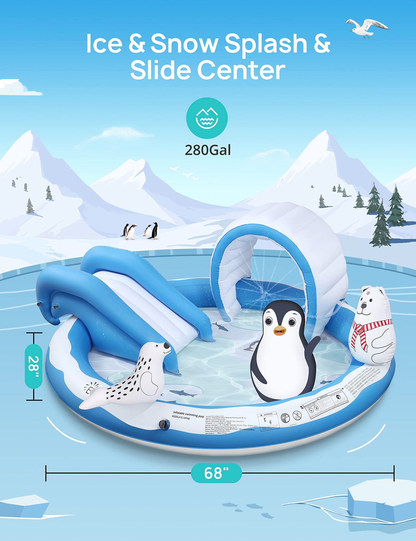 Inflatable Play Center, EVAJOY Kiddie Pool with Slide for Children, Sprinkler, Ice & Snow Theme with Inflatable Dolls, Easy Setup for Garden
