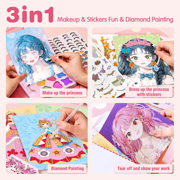 ZHOC Art Craft Activity for Kids, Paper Craft Kits - Paper Makeup DIY Girls Toy Kit with Diamond Painting & Princess Dress Up Set, Travel Toys Ideal