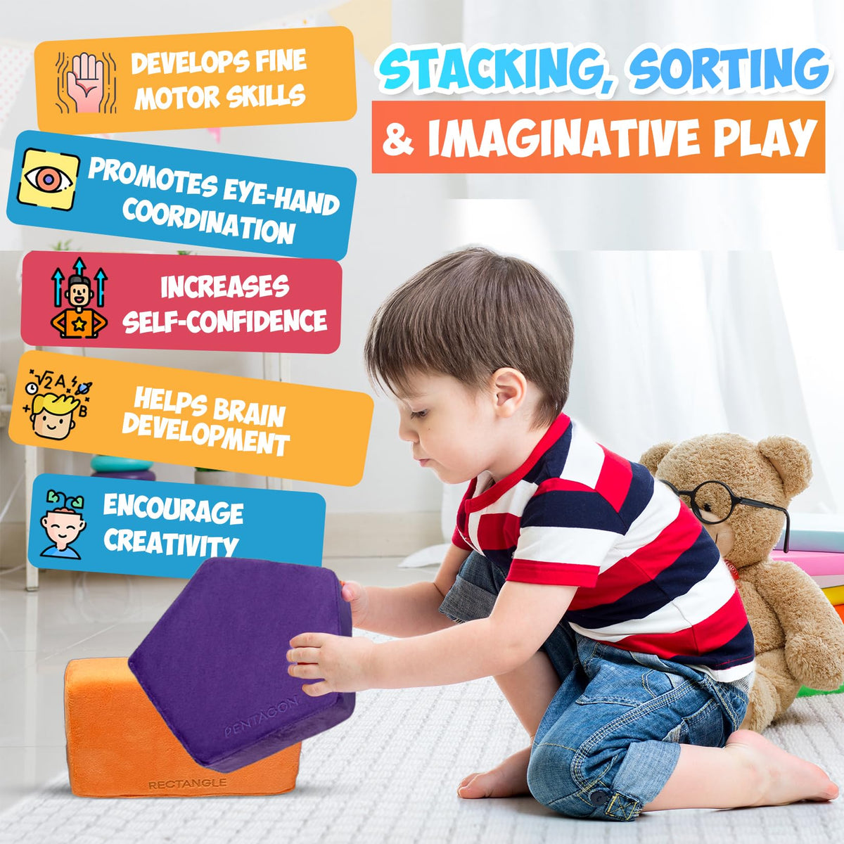 Plush Blocks - The Original Premium Plush Building Block & Shapes for Kids - Certified Safe Foam Blocks in Luxuriously Soft Fabric Covers (Classic