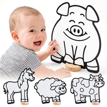 DoodleFace High-Contrast Black & White 3D Farm Animals - Builds Baby Vision Books & Cards Can't. Then Toddler Motor Skills for School. Re-Colorable