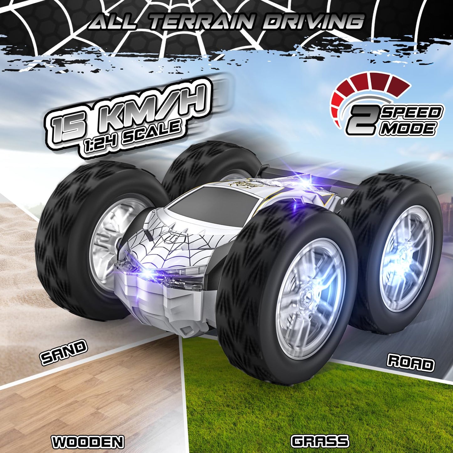 Double Sided Remote Control Car for Kids Boys 4-7, Spider RC Flip Stunt Car with Changeable Lights, Easter Birthday Gift for 3 4 5 6 7 8 9 Year Old