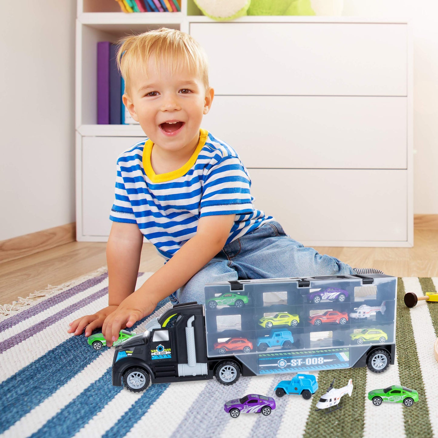 HEY! PLAY! Car Carrier Semi-Truck Toy - 2-Sided Trailer Holds 24 Vehicles - Includes 10 Cars, 2 Helicopters, Carry Handle, and Storage Case (Black)