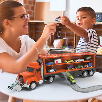 Driven by Battat - Car Carrier Toy Truck - Detachable Trailer and Container - Toy Vehicle Launcher - Compatible with Pocket Series & Tracks - Car
