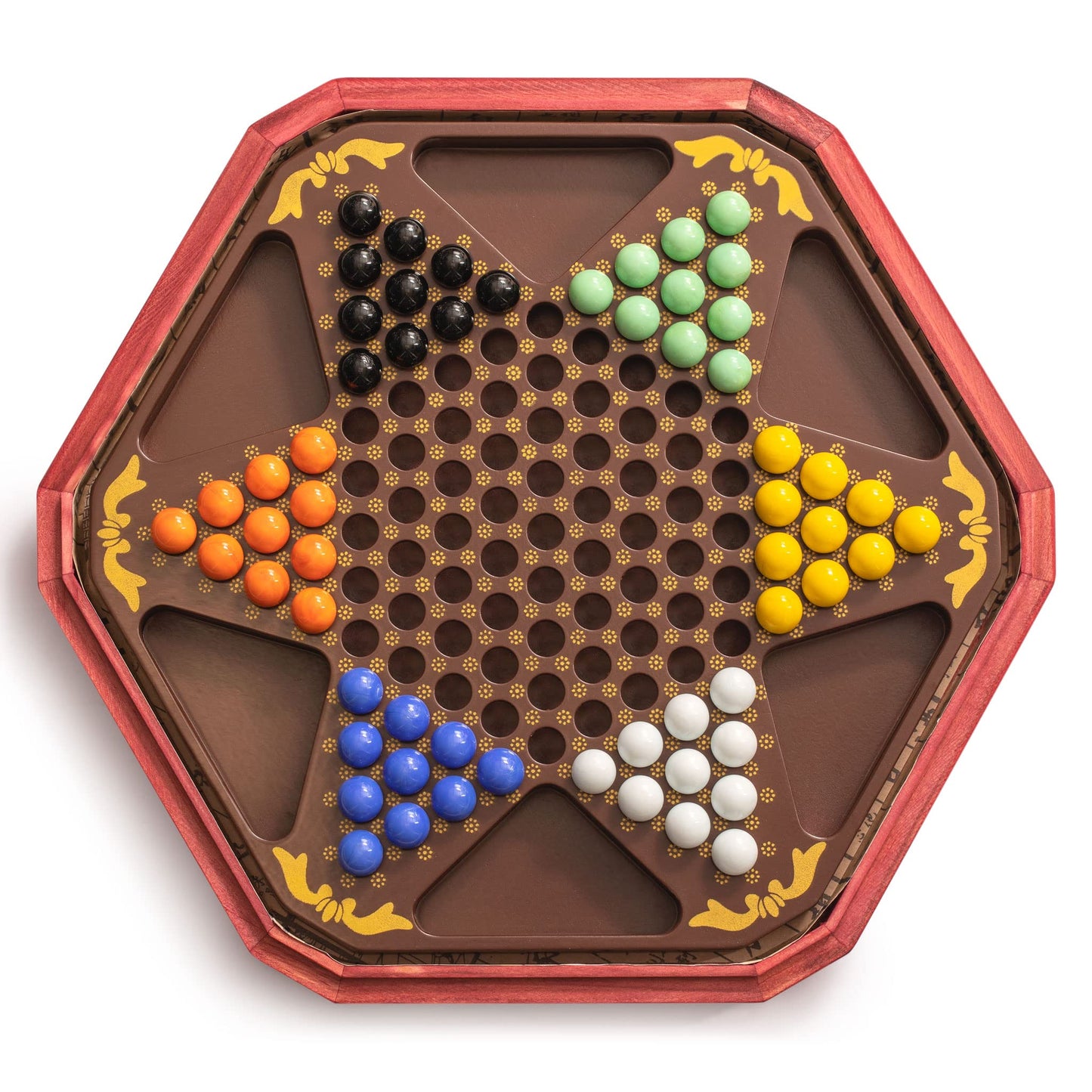 Yellow Mountain Imports Classic Chinese Checkers Halma Board Game Set with Storage, 12.6-inch Wooden Board, and Solid Color 16-Millimeter Glass