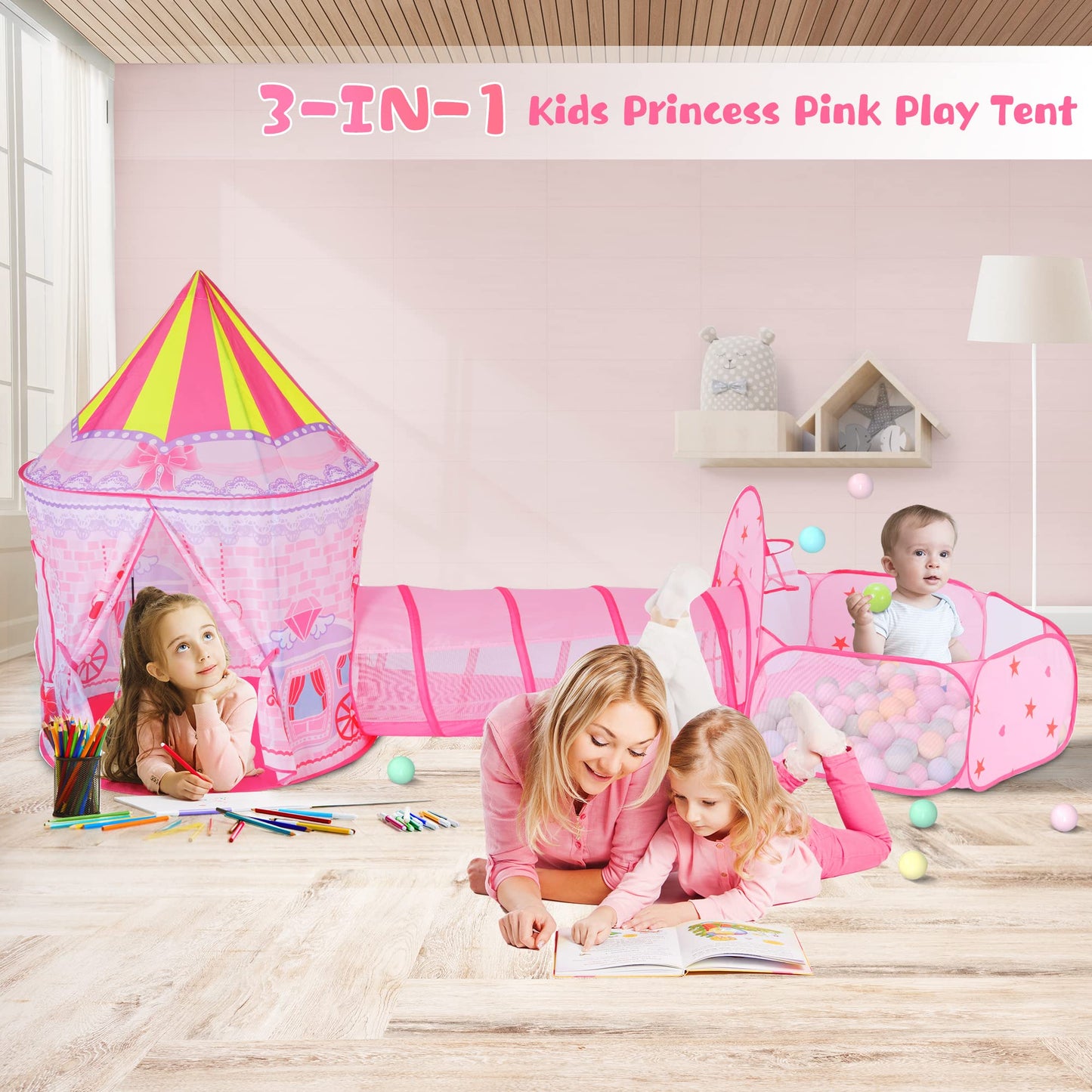 LOJETON 3pc Princess Fairy Tale Kids Play Tent, Oval Crawl Tunnel, Ball Pit for Toddlers, Indoor Outdoor Playhouse Castle Toys, Baby Boys Girls for 3
