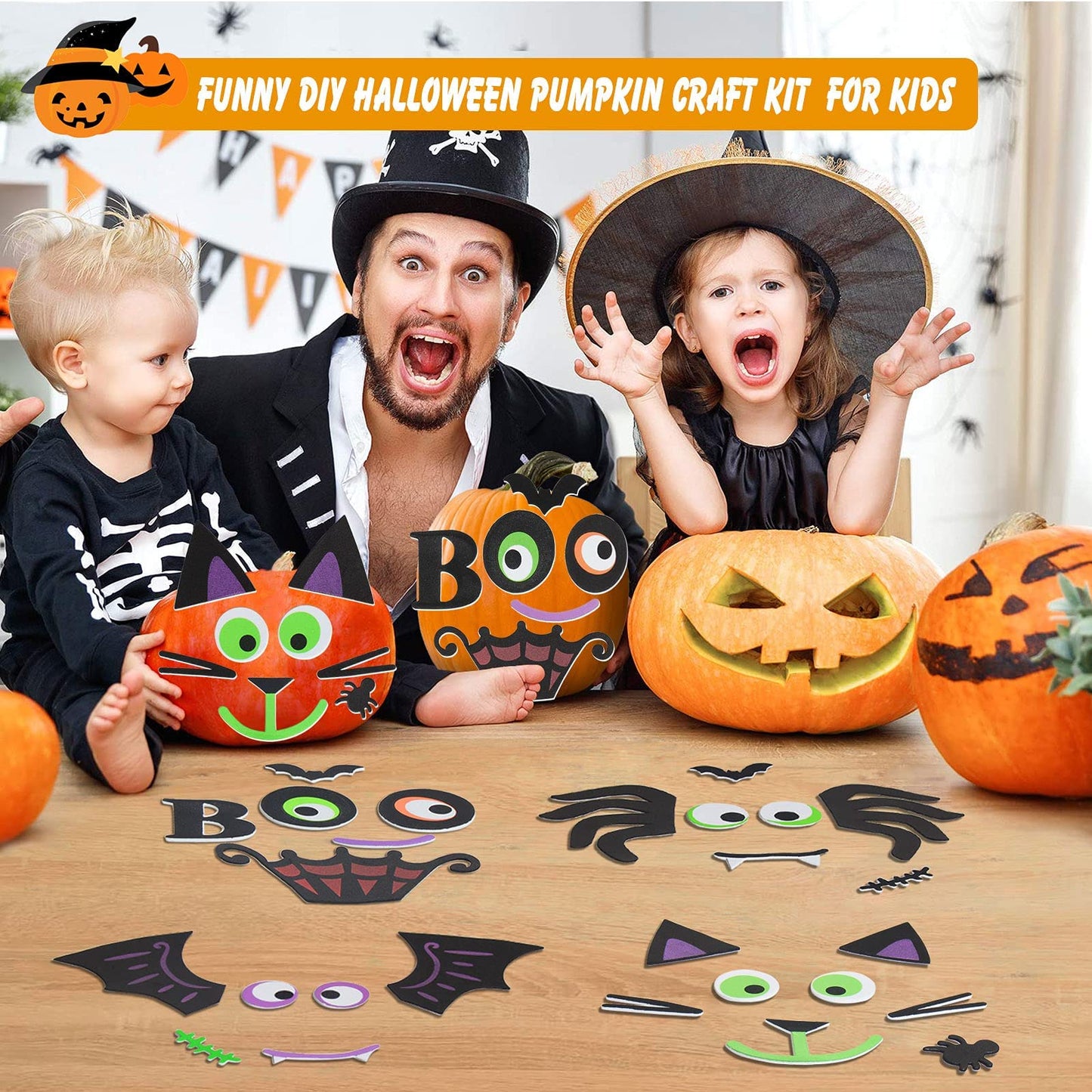 16 Packs Foam Halloween Pumpkins Decorations Stickers, Make Funny Pumpkins Craft Kits for Holiday Decor Kit Party Best Gift for Kids Adult Girls Boys
