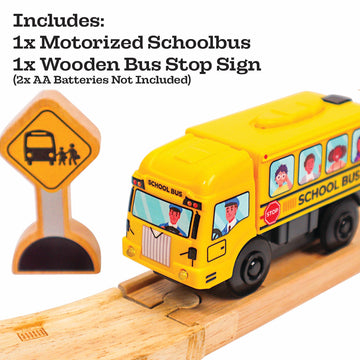 Motorized School Bus for Wooden Track - Yellow Schoolbus Themed Battery Operated - Includes Wooden Bus Stop Sign - Electric Powered Engine Toy