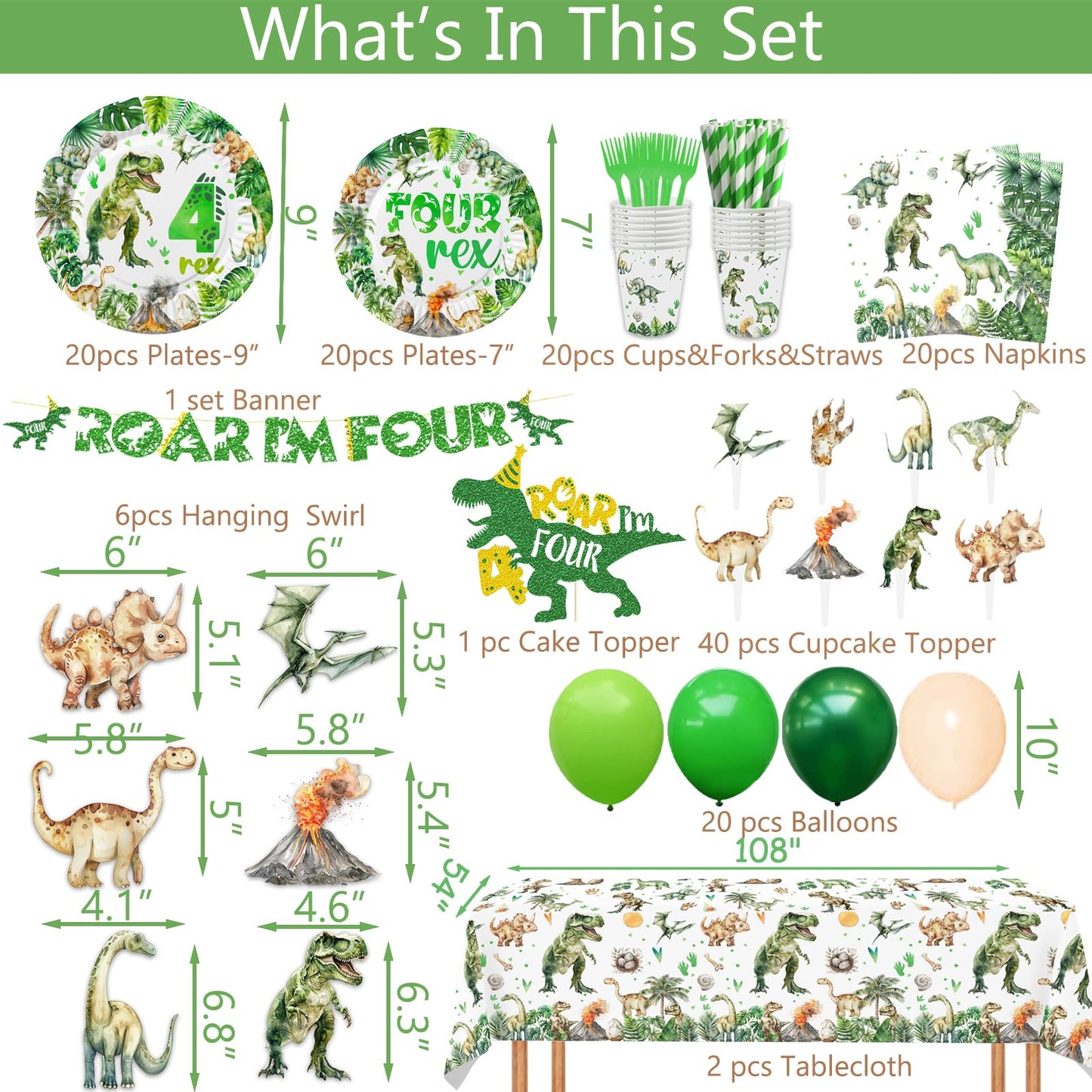 208 Pcs Dinosaur 4th Birthday Party Supplies, Green Dino Roar I'm Four Birthday Decorations, 20 Serves Include Plates, Cups, Napkins, Tablecloth, Cake