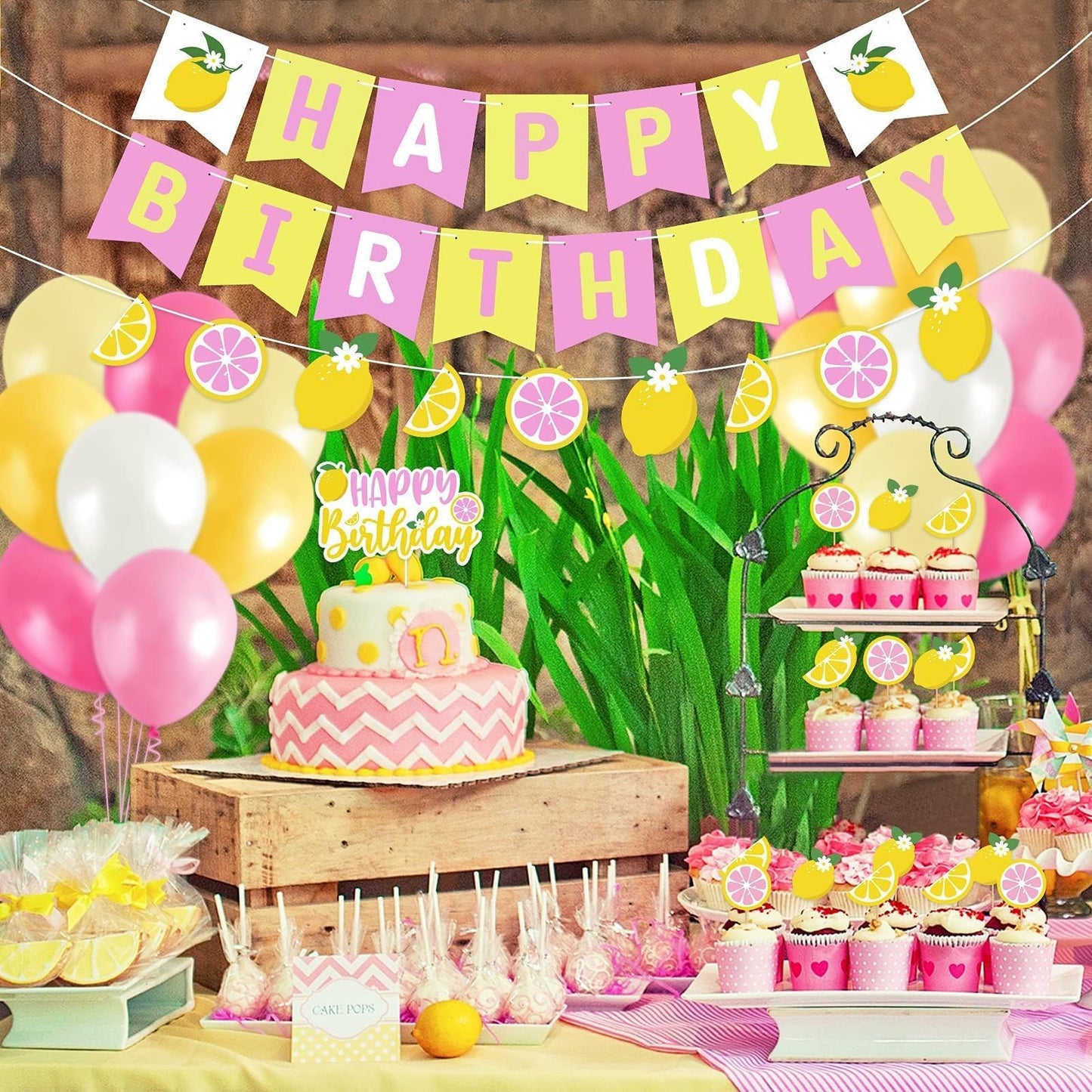 Lemon Party Decorations Happy Birthday Banner Lemon Garland Lemonade Cake Topper Cupcake Toppers Balloons for Lemonade Theme Birthday Party Supplies