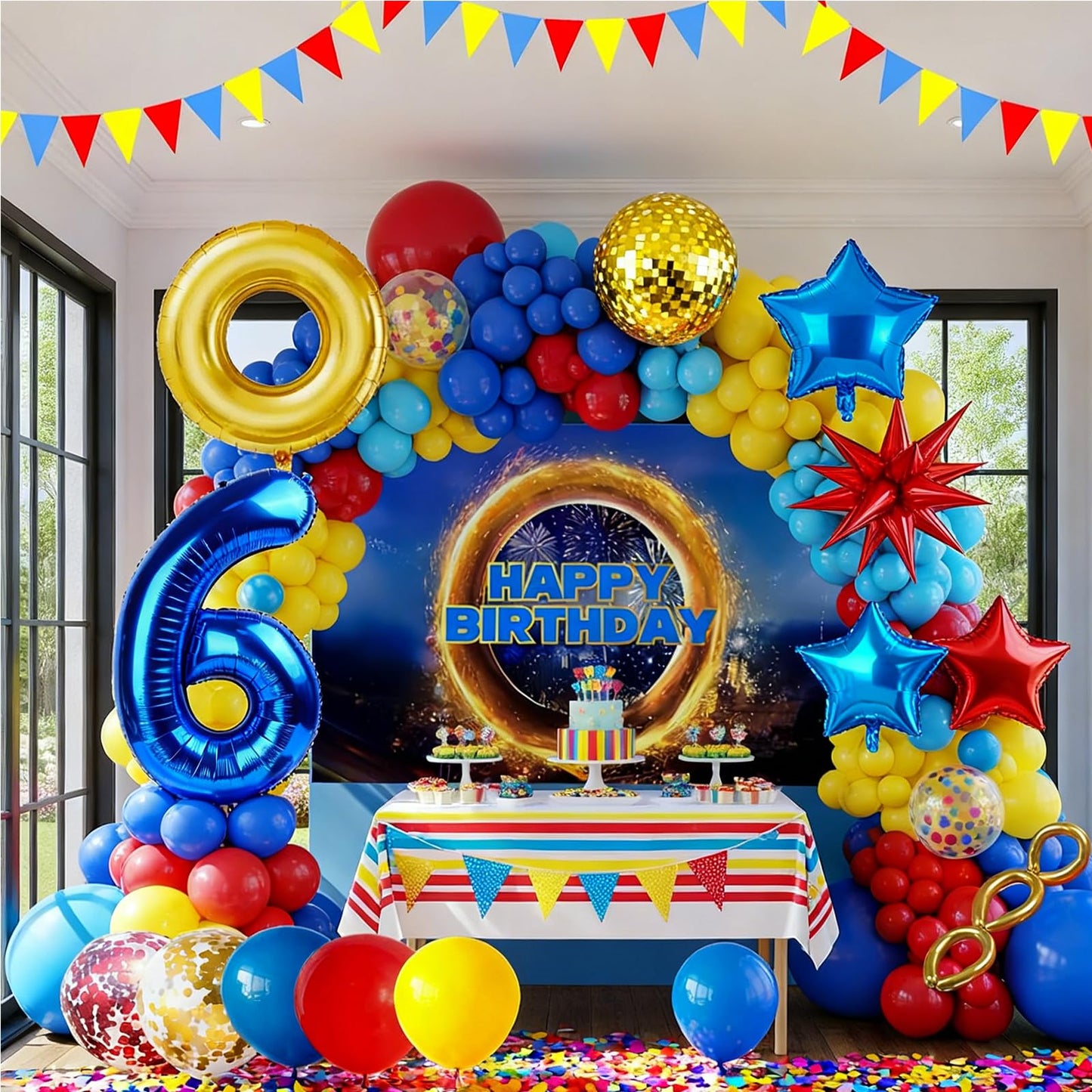 Cartoon Hedgehog Birthday Decorations,40 Inch Blue Number 5 Birthday Decorations?Big Gold Ring Lightning Balloons Red Blue Boom Star Balloons