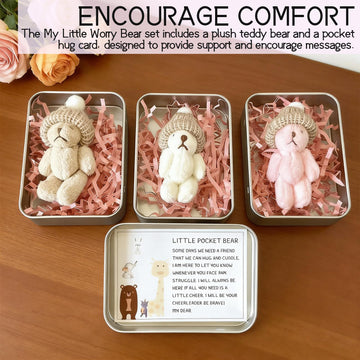 Roioiow 2 Pieces My Little Worry Bear in Tin Box- Plush Teddy Pocket Hug with Greeting Cards for Support, Relationship Gifts for Friends, Colleagues