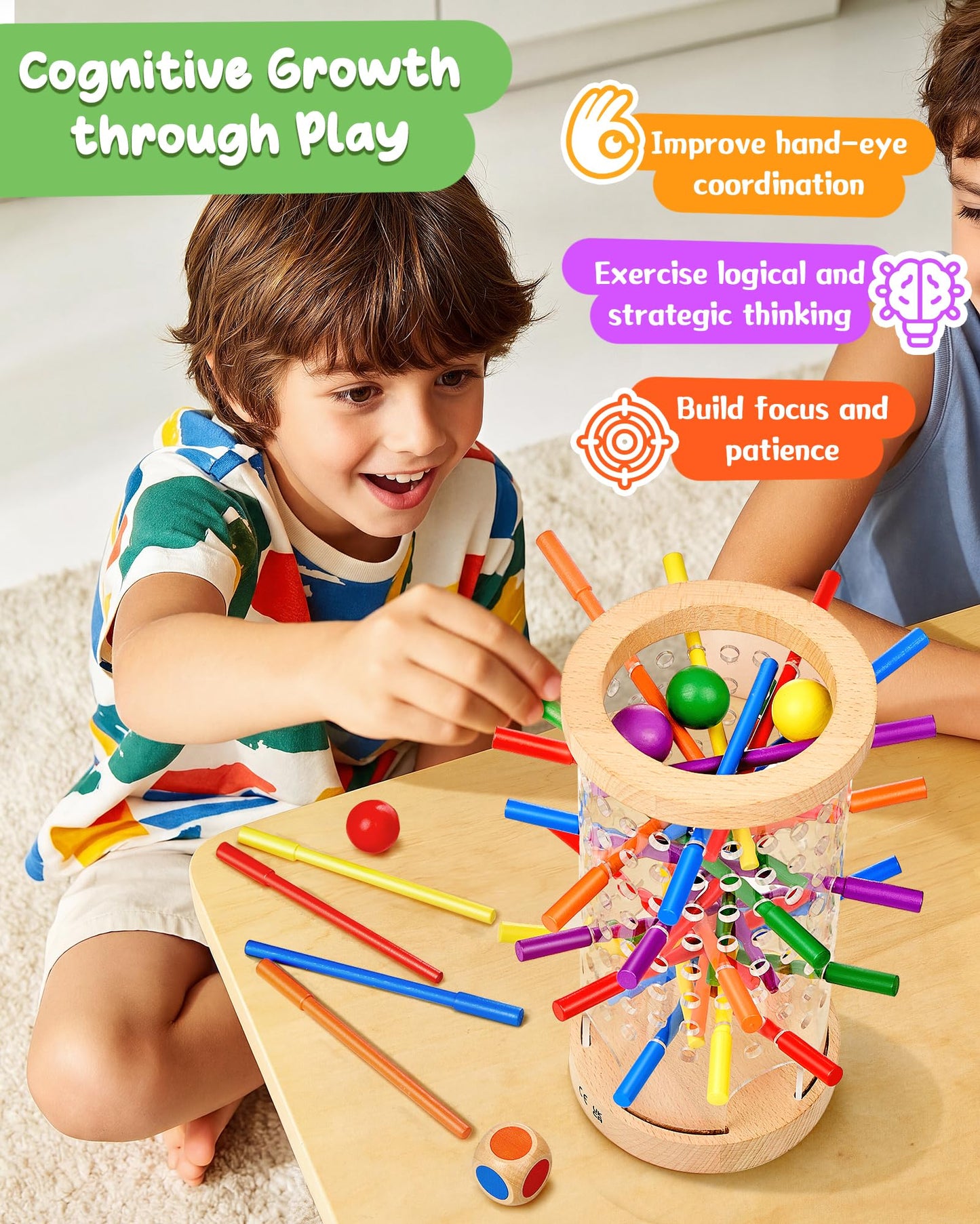 Montessori Wooden Board Games for Kids Ages 4-8, 42 Wooden Sticks Game Quick Setup, Board Games for Kids 4-6, Fine Motor Skills Toy Montessori Toys