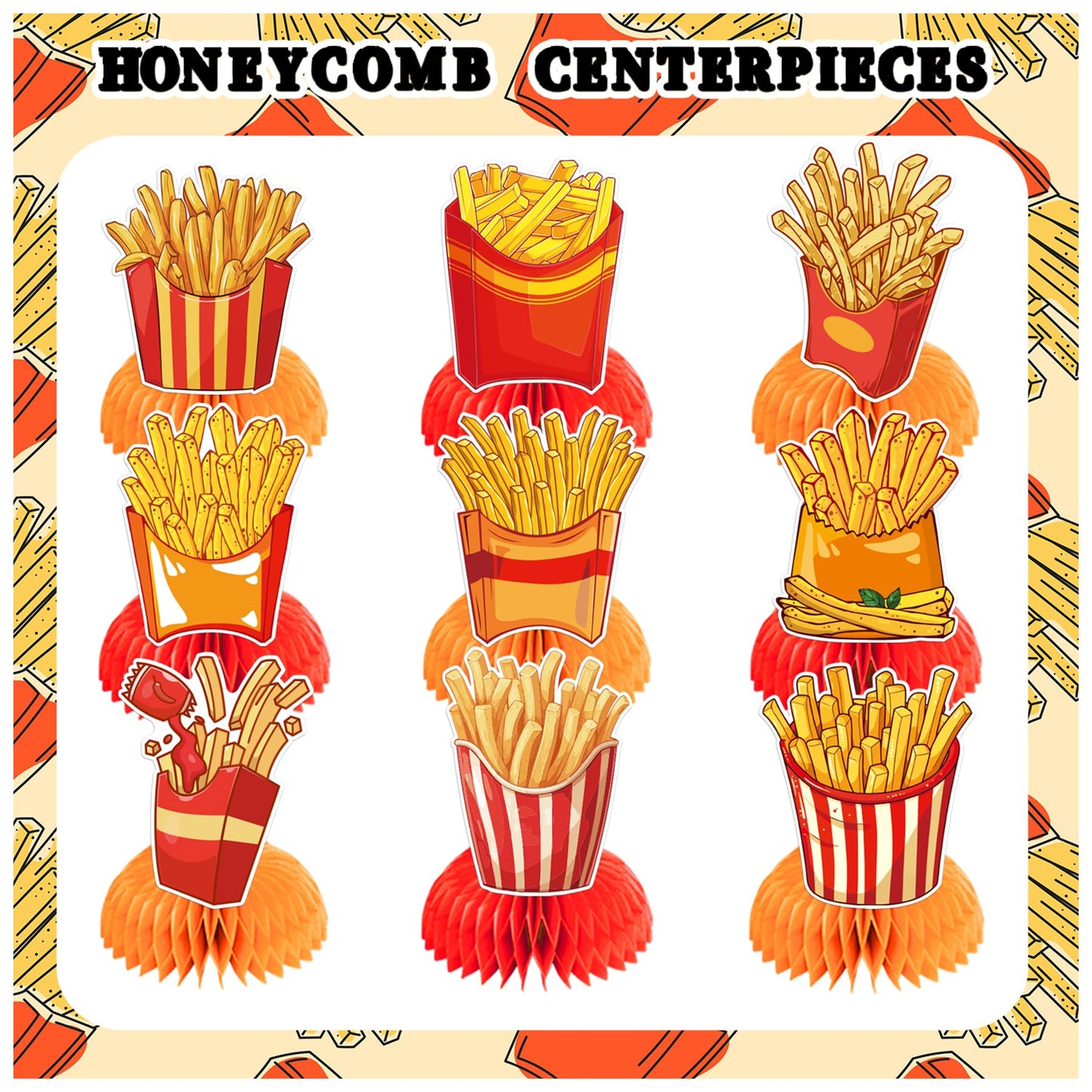 9 PCS French Fries Table Decorations Honeycomb Centerpiece, French Fries Centerpieces Table Topper for Fast Food French Fries Party Decorations
