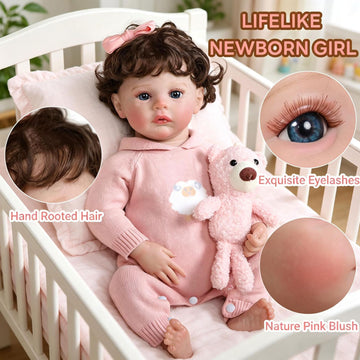 Tookyhill 16 Inch Lifelike Reborn Baby Doll, Full Vinyl Body, Poseable Limbs, Pink Knit Outfit & Bear Toy, Realistic Newborn Doll Gift for Toddler